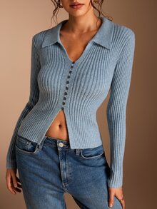 SHEIN BASICS Women's Autumn Casual Solid Color Split Front Cardigan - Blue - View 11