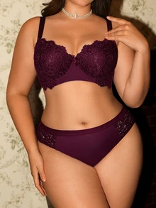 Divavoom Sexy Fashion Embroidered U-Back Underwire Bra Plus Size 2pcs/Set - Red Violet - View 5