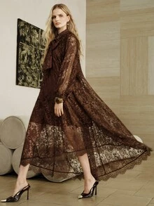 Arave Women's Dress Loose A-Line Lace Bow Tie Neck Lantern Sleeve See-Through Vintage Elegant Business Brown Floral Dresses For Women Thanksgiving - Brown - View 2