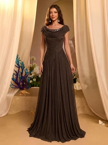 Glamrae Elegant Romantic Beaded Sequin Patchwork Elastic Knit Mesh Ruched Cowl Neck Flared Evening Gown Wedding Gala Dinner Prom Vacation Ball Festival Fall - Brown - View 6