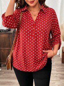 SHEIN LUNE Áo sơ mi tay lỡ họa tiết da báo size lớn - Đỏ và trắng - Xem 5