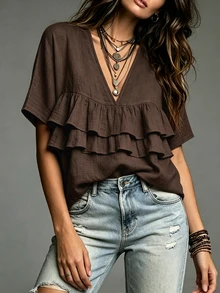 SHEIN Fiorisel Women's Casual Vacation Style V-Neck Ruffle Hem Fashion Blouse - Brown - View 3