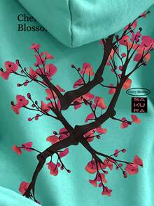 Resyla 女款落肩長袖字母與樹枝印花休閒連帽衛衣 - 青碧色 - 查看 4