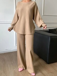 Livesso 女款秋冬優雅純色蝙蝠袖針織衫與針織長褲兩件套 - 杏色 - 查看 5