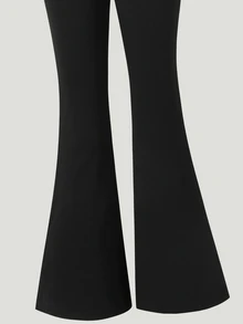 SHEIN 青少年女孩時尚黑白條紋修身喇叭褲，豹紋腰帶，百搭休閒保守寬鬆穿搭，適合春夏 - 黑色 - 查看 7