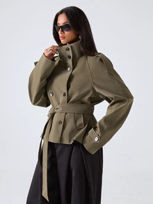 LYSMO Jaket Wanita Gaya Jalanan Berkerah Tinggi dengan Kancing Lengan Panjang - Dark Green - View 6
