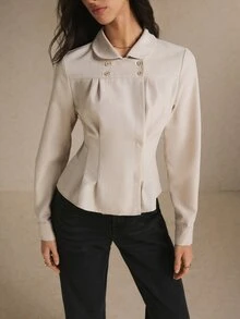 Poéselle Women's Solid Color Double-Breasted Long Sleeve Waist-Cinching Blouse - Apricot - View 1