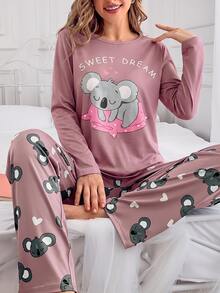 SweetSlumber Cute Koala Girl Autumn Long Sleeve Long Pants Women's Pajama Set - Dusty Pink - View 6