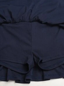 SHEIN 青少年女孩海軍藍白色拼接長袖短版上衣與可愛短裙套裝 T-shirt - 藏蓝色 - 查看 9