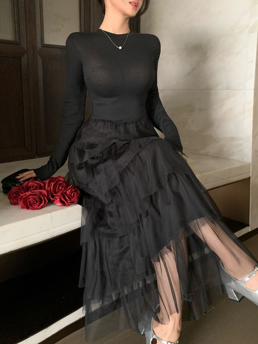 DAZY Autumn/Winter Round Neck Black Fitted Top With Mesh Patchwork Layered Ruffle Hem Elegant Romantic Party Date Women's Mid-Length Dress - Black - View 1
