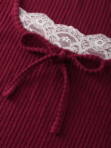 SHEIN Unity Women's Round Neck 2 In 1 Lace Patchwork Bow T-Shirt, Velour Ribbed, Autumn/Winter Fall Cloth - Burgundy - View 4