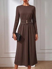EMERY ROSE Gaun Panjang Wanita Gaya Prancis Elegan Sederhana Desain Mewah Kasual Bohemian untuk Liburan dan Perjalanan, Warna Polos - Coklat - View 5