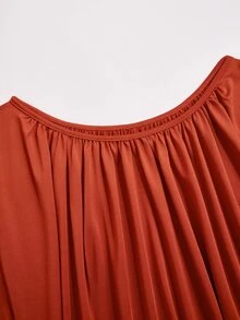 Poshavie Poshavie Plus Size Draped Batwing Sleeve Two Pieces Set, Boat Neck Ruched Top & High Waist Wide Leg Pants Eleg - Rust Brown - View 8
