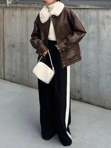FRIFUL Women's Fur Collar Long Sleeve PU Leather Casual Loose Regular Fit Jacket - Brown - View 3
