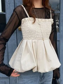 FRIFUL Women's Summer Casual Solid Color Bud Strap Top Vacation - Apricot - View 2