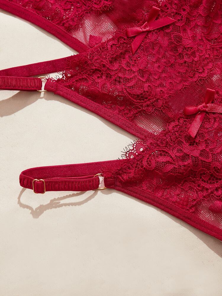 Women's Low Waist Lace Thong (3pcs/Pack) Heart Pattern Random Direction - Burgundy - View 4