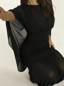 SHEIN BAE 女款純色圓領蝙蝠袖百褶優雅洋裝 - 黑色 - 查看 7