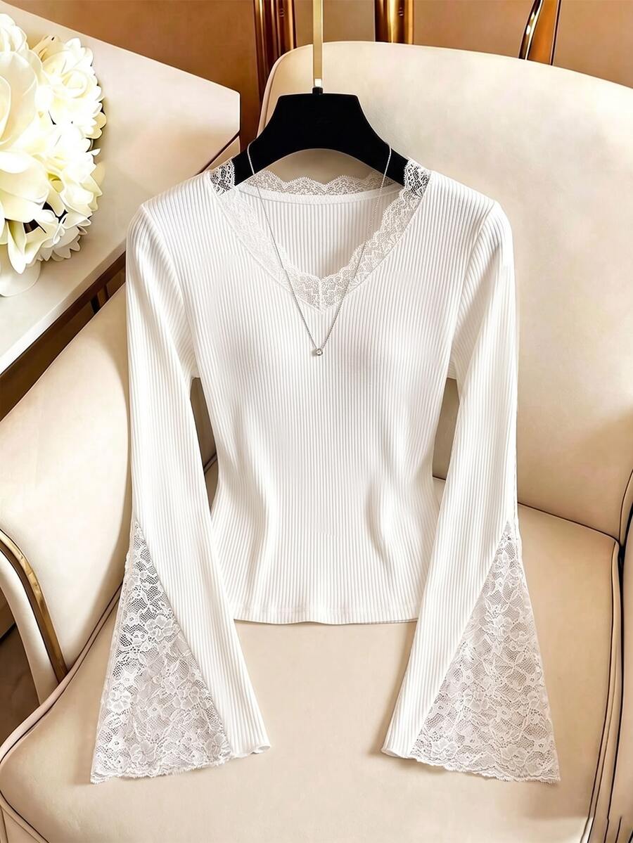 GlowEve White Ribbed Top Lace-Trimmed V-Neckline Lace-Detailed Flared Cuffs Feminine Elegant Romantic Silhouette Date Autumn - Multicolor - View 1