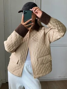 DAZY Damen Farbblock Revers Langarm Reißverschluss Vorne Winterjacke - Braun - Übersicht 5
