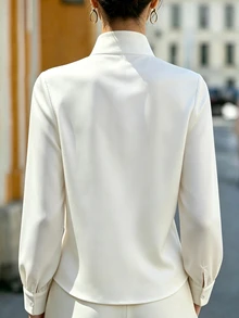 SHEIN Women's Solid Color Long Sleeve Elegant Frog Button Decor Blouse - Beige - View 2