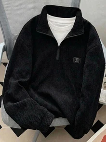 DAZY 男士直條紋紋理半拉鍊高領運動衫，小標誌寬鬆版型下擺長袖上衣 - 黑色 - 查看 4
