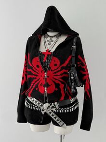 Sunspun Cardigan Rajut Ukuran Besar Wanita dengan Tudung dan Motif Laba-laba untuk Musim Dingin - Hitam - View 4