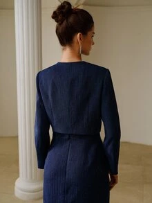 ZEYLAH 女款長袖優雅不對稱無領夾克 - 藏蓝色 - 查看 4