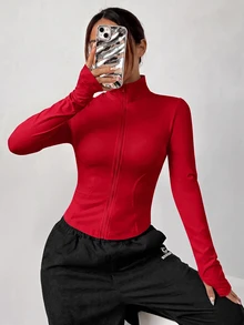 SHEIN EZwear 女款黑色針織防紫外線外套，適合秋冬穿著 - 紅色 - 查看 5