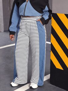 Slaydiva Plus Size Women's Striped Patchwork Casual Everyday Denim Jeans - Blue and White - View 6
