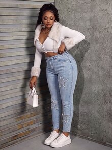 Slaydiva Plus Size Women's High Waist Skinny Cropped Denim Jeans With Star Applique And Ripped Frayed Hem - Medium Wash - View 4