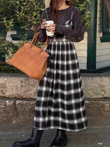 FRIFUL Women's Casual Plaid Spaghetti Strap Midi Dress, Autumn/Winter - Black - View 4