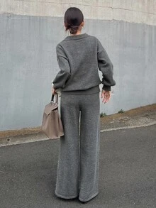 FRIFUL Women's Solid Color Long Sleeve Top And Pants Knit Two Pieces Set - Grey - View 2