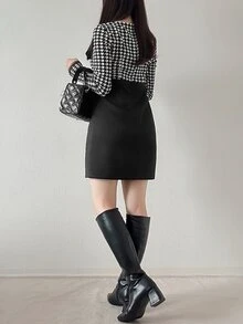 FRIFUL Women's Patchwork Houndstooth Print Long Sleeve Fitted Short Dress Dinner Date Black Autumn Elegant Plaid - Black - View 5