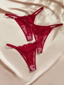 Charlaine 女款低腰蕾絲丁字褲 (3件/包) 心形圖案隨機方向 - 酒紅色 - 查看 5