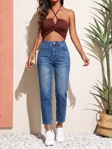 SHEIN PETITE 女款高腰口袋休閒百搭牛仔褲 - 藍色 - 查看 6