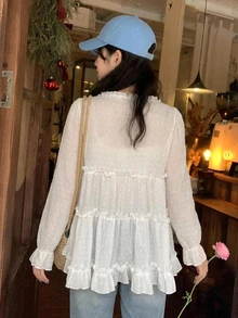 DAZY 女款白色方領蕾絲飾邊寬鬆花瓣袖優雅顯瘦休閒襯衫上衣 - 白色 - 查看 2