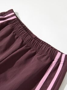 SHEIN Tween Girls Casual Loose Fit Side Tape Stripe Wide Leg Cropped Pants, Fall - Brown - View 3