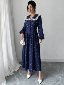 Modelyn 女款海軍藍小碎花印花蕾絲娃娃領前開鈕扣主教袖收腰A字喇叭裙擺中長洋裝，復古田園風，適合秋季感恩節 - 藏蓝色 - 查看 4