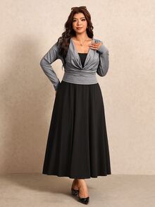 Elaquor Plus Size Women Solid Color Dress And Cowl Neck Long Sleeve Top Casual 2 Pieces Set - Black - View 1