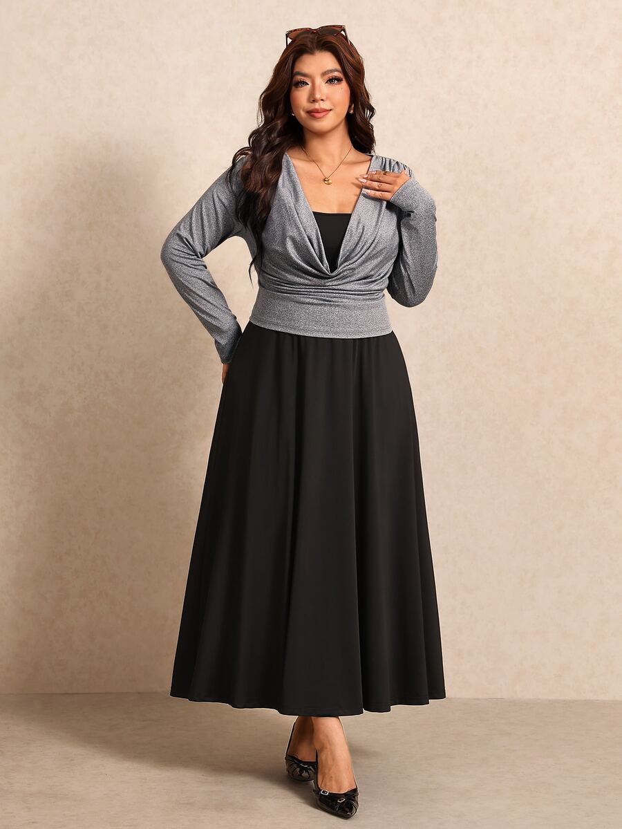 Elaquor Plus Size Women Solid Color Dress And Cowl Neck Long Sleeve Top Casual 2 Pieces Set - Black - View 1