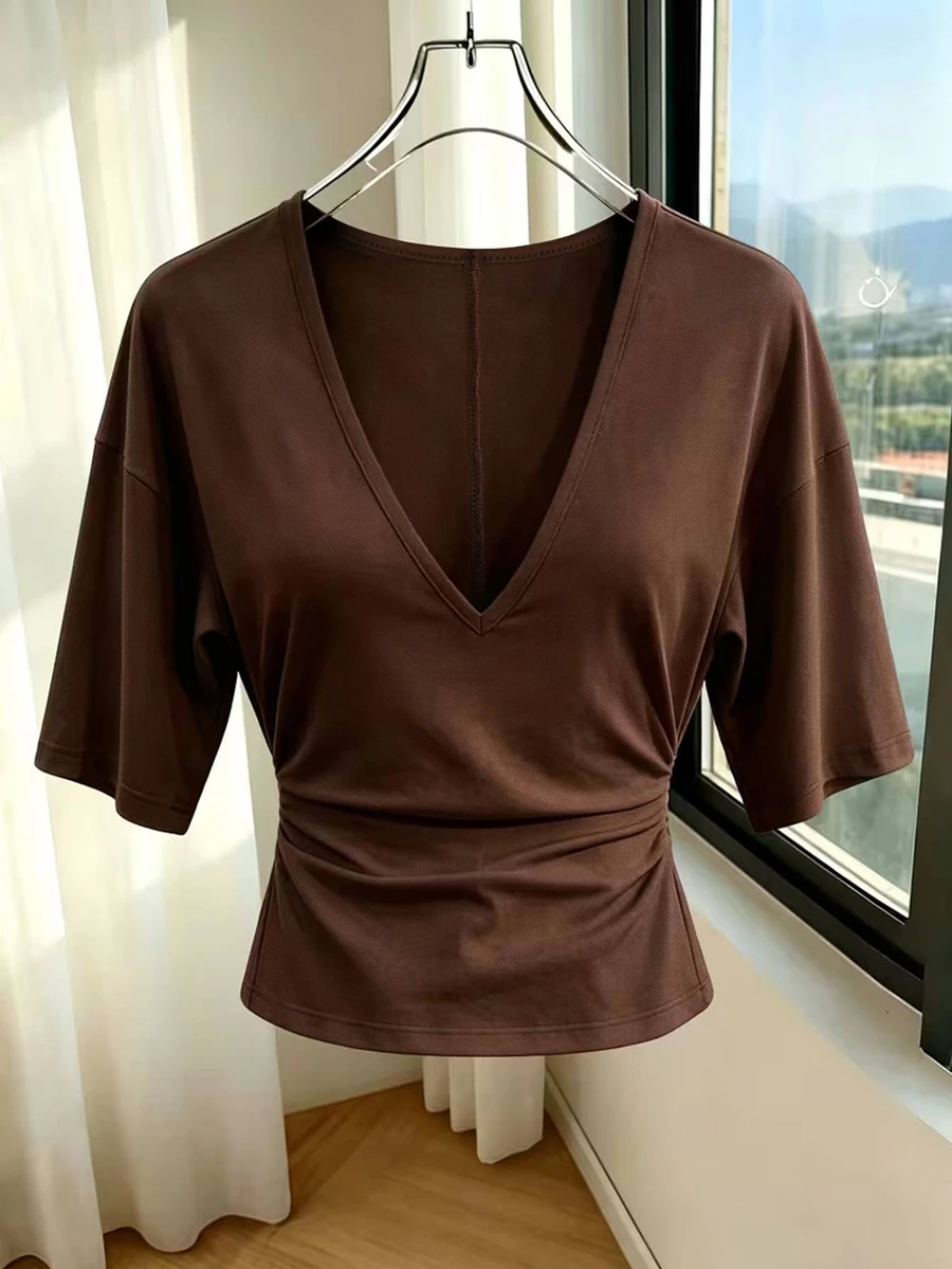SHEIN Plus Size Women's Summer Casual Solid Color Ruched Waist Top - Coffee Brown - View 1