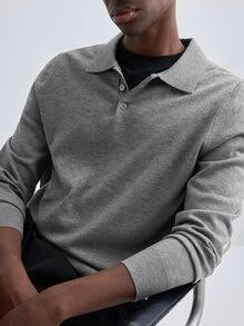 Merionis Men's Solid Color Polo Collar Long Sleeve Casual Versatile Sweater - Light Grey - View 4