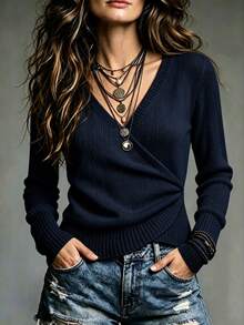 LUMIGAL Women's Solid Color Overlap V-Neck Long Sleeve Casual Sweater - Navy Blue - View 1