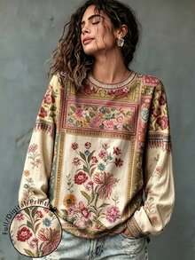 Breezaya 大尺碼女款花卉印花休閒日常穿搭T恤 秋季 - 彩色 - 查看 1
