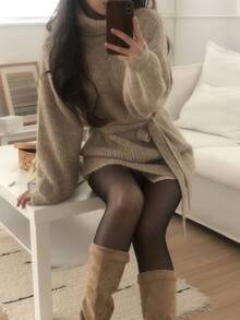 DAZY Women's High Neck Solid Color Long Sleeve Tie-Up Elegant Korean Style Sweater - Coffee Brown - View 6
