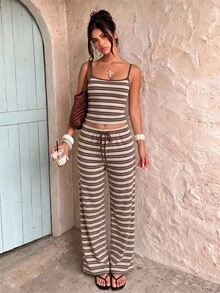 Aloruh Setelan Camisole & Celana Bergaris Kasual Nyaman untuk Wanita di Awal Musim Gugur, Setelan Bergaris Y2K, Cocok untuk Dipakai di Rumah, Kencan, Lapisan Dasar Serbaguna untuk Musim Gugur/Dingin - Coklat - View 6