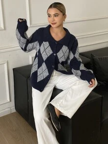 DAZY Women's Autumn Loose Fit Long Sleeve Argyle Pattern Navy & Grey Contrast Color Vintage Style Cardigan Sweater - Royal Blue - View 6