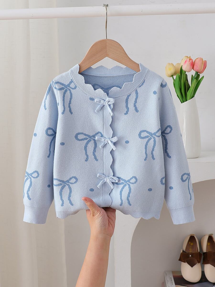 SHEIN Young Girl) Cardigan Butterfly Jacquard Long Sleeve Sweater Cardigan Suitable For Autumn And Winter Wear With Padded Coat - Blue - View 1