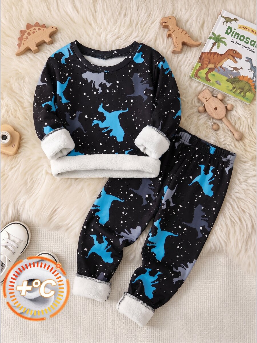 SHEIN 小男孩休閒極簡時尚經典聖誕保暖舒適居家服,恐龍星星圖案、卡通圖案,修身舒適圓領短袖長褲套裝,適合四季穿著 - 彩色 - 查看 1