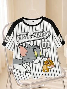 TOM & JERRY X SHEIN 女款夏季休閒拼色條紋卡通印花T恤 - 白色 - 查看 1